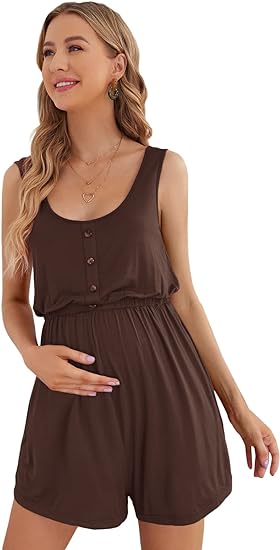 Verdusa Women's Maternity Scoop Neck Button Front High Waist Tank Romper, Best Maternity Rompers