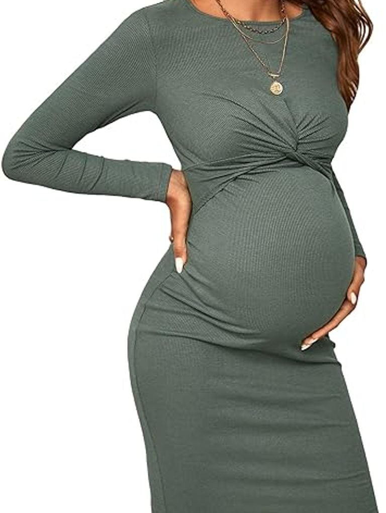 Verdusa Women's Maternity Twist Front Long Sleeve Round Neck Bodycon Dress, Best Maternity Sweater Dresses 