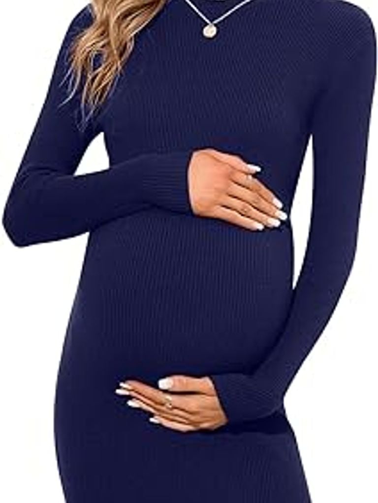 KOJOOIN Women's Bodycon Ribbed Knit Maternity Dress, Best Maternity Sweater Dresses 