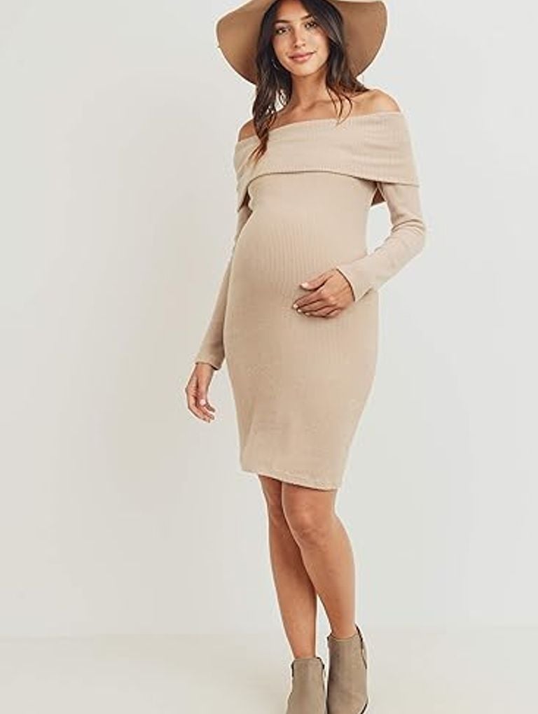 LaClef Women's Off-Shoulder Sweater Knit Maternity Dress, Best Maternity Sweater Dresses 