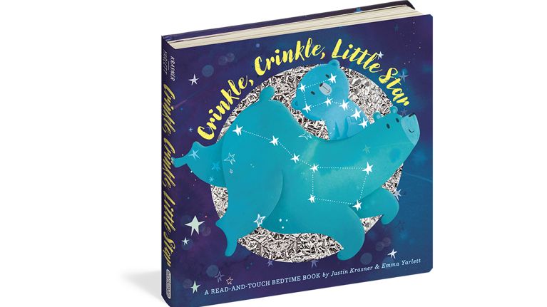 Cover for the board book, Crinkle Crinkle Little star. Show tow blue bears with their respective star constellations overlaid on their bodies.