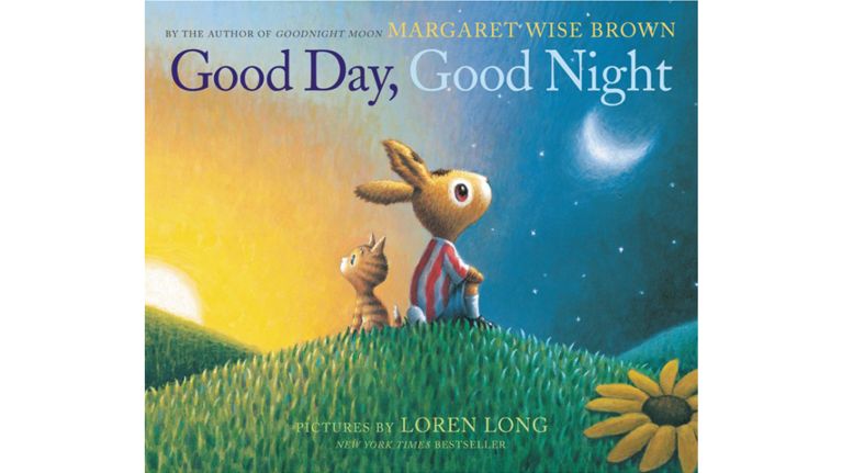 Cover of the book, Good Day, Good night. Shows a cat and a rabbit sitting on a hill looking up at the sky. one side of the sky is day and the other is night