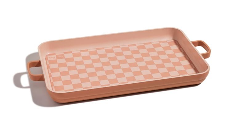 pink checkered non-stick oven pan with handles