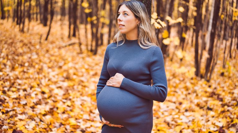 Autumn portrait of happy lovely and beautiful young pregnant woman in forest in fall color