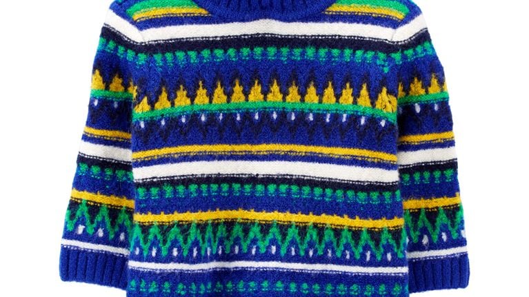 A blue striped sweater with yellow and green patterns for babies.