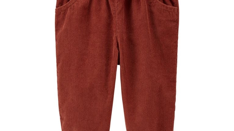 A pair of corduroy pants in brown red for babies.
