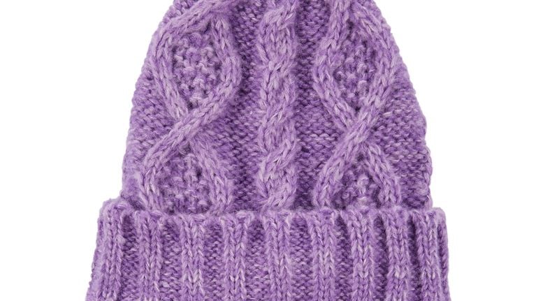 A purple knitted beannie for babies.