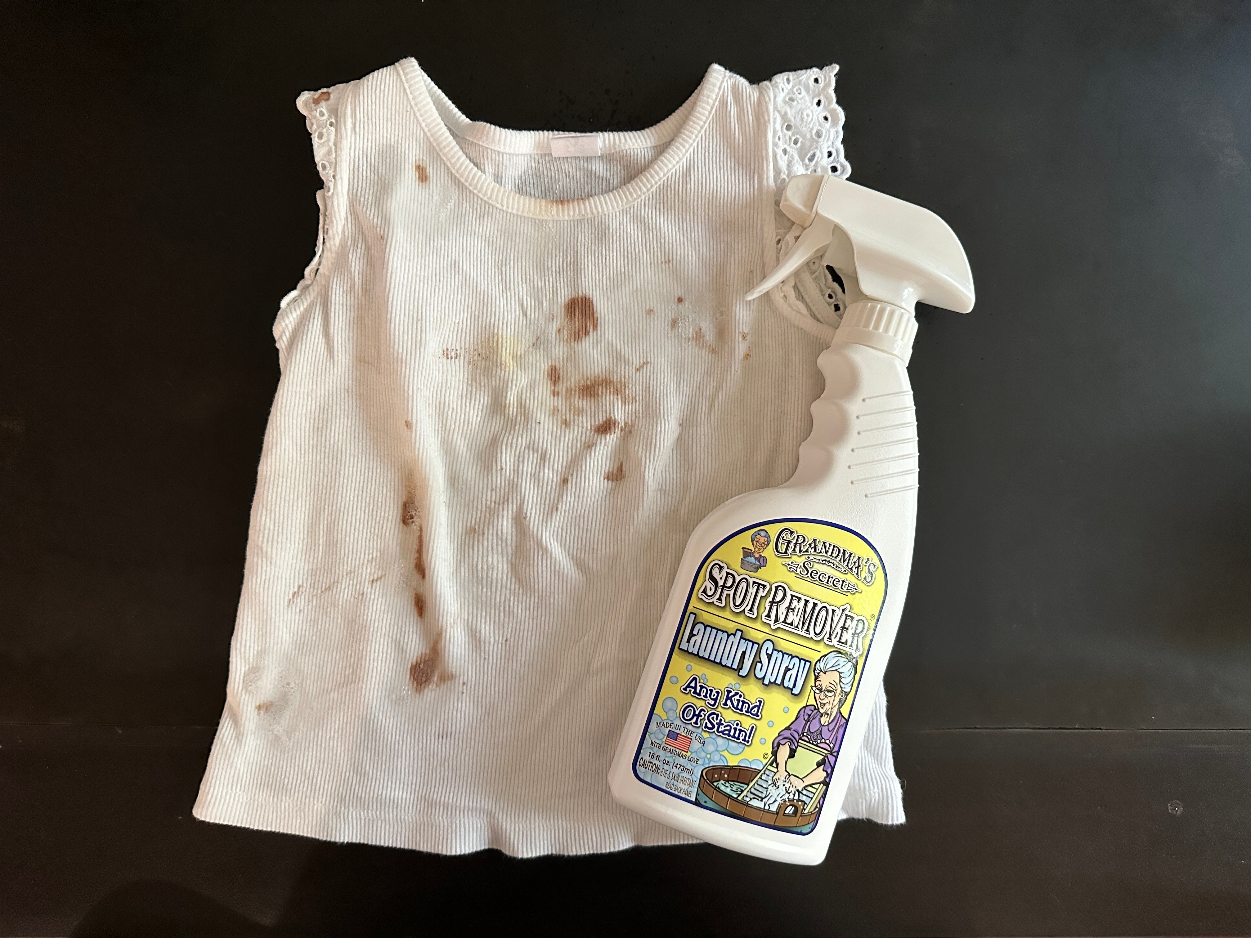 grandma's secret spot remover before/after, dirty white toddler shirt