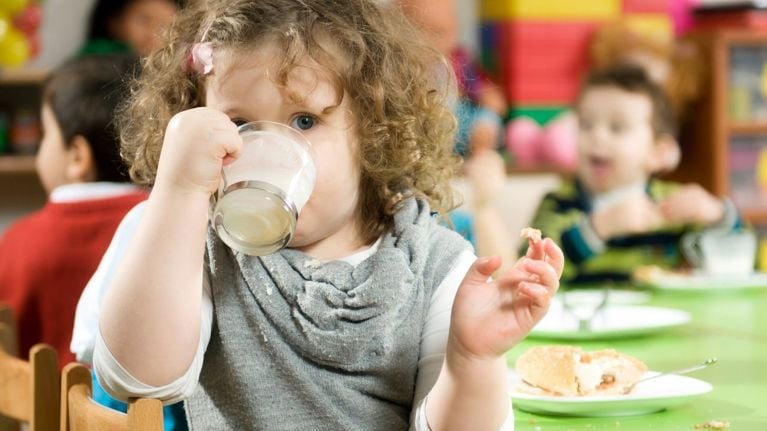Toddler drinks milk during lunch time at daycare