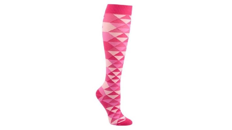 a single sock, with shades of pink triangles