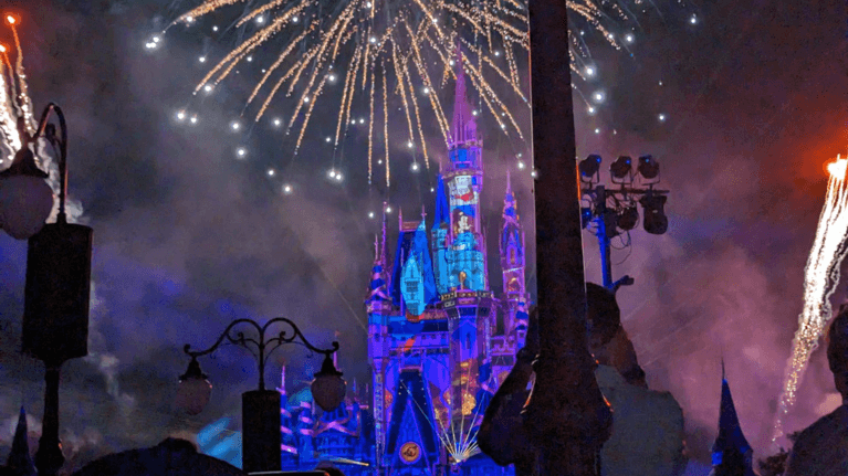 view of the Disney Magic Kingdom fireworks in front of the castle at night