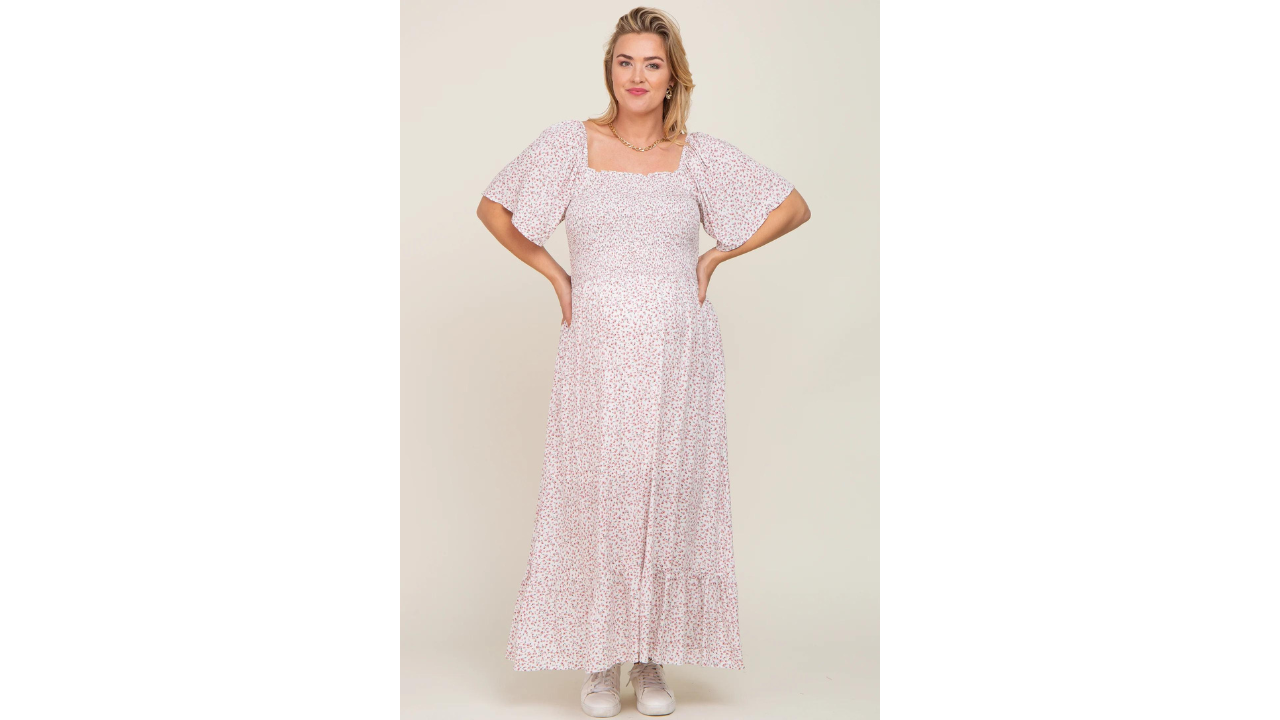 Pink Blush Ivory Floral Smocked Flounce Sleeve Maternity Plus Maxi Dress, best maternity boho dresses